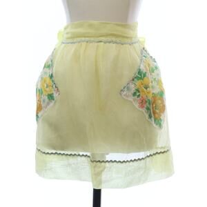 60s Sheer Yellow Chiffon Half Apron Floral Rick Rack Pockets